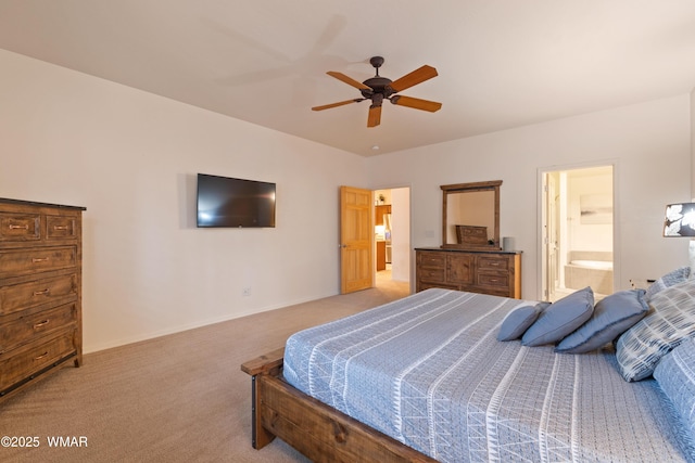 bedroom with light carpet, ceiling fan, and baseboards