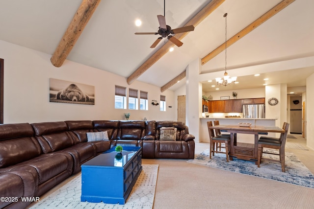 living area with light colored carpet, beamed ceiling, ceiling fan with notable chandelier, high vaulted ceiling, and recessed lighting