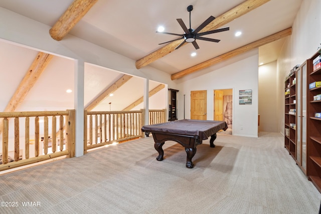 recreation room featuring vaulted ceiling with beams, recessed lighting, a ceiling fan, light carpet, and billiards