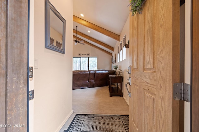 hallway featuring recessed lighting, carpet flooring, vaulted ceiling with beams, and baseboards