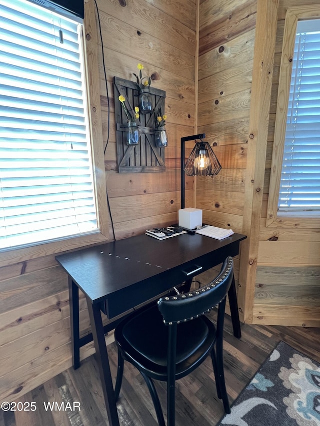 office area with wood finished floors and wooden walls