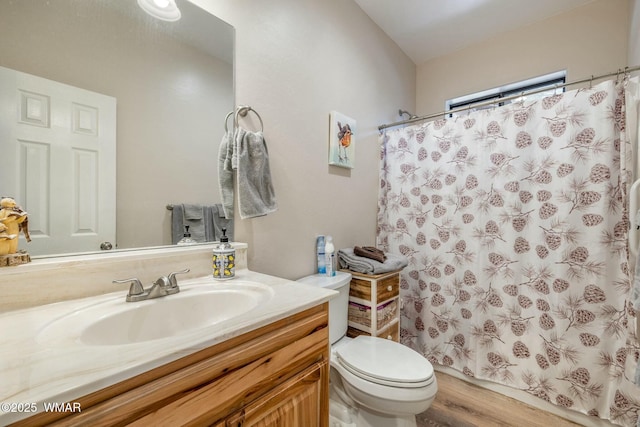 bathroom featuring toilet, wood finished floors, and vanity