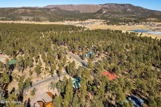 drone / aerial view with a forest view and a mountain view