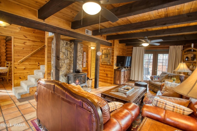 6436 Mark Twain Dr, Pinetop, AZ 85935 - living area featuring a ceiling fan, wooden ceiling, beam ceiling, stairs, and a wood stove