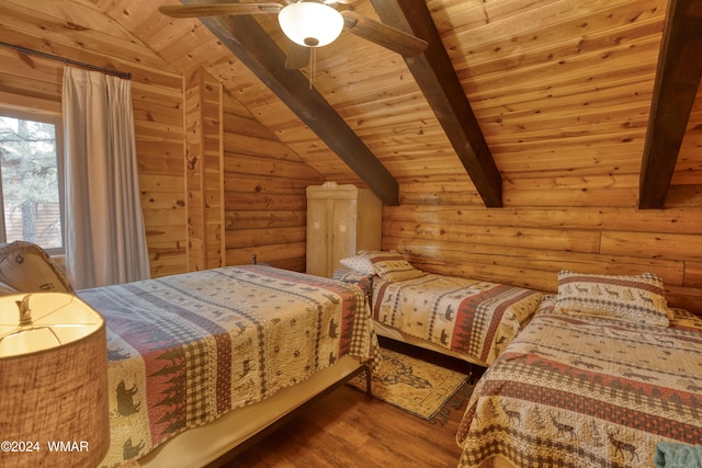 6436 Mark Twain Dr, Pinetop, AZ 85935 - bedroom with wood ceiling, log walls, wood finished floors, and a ceiling fan