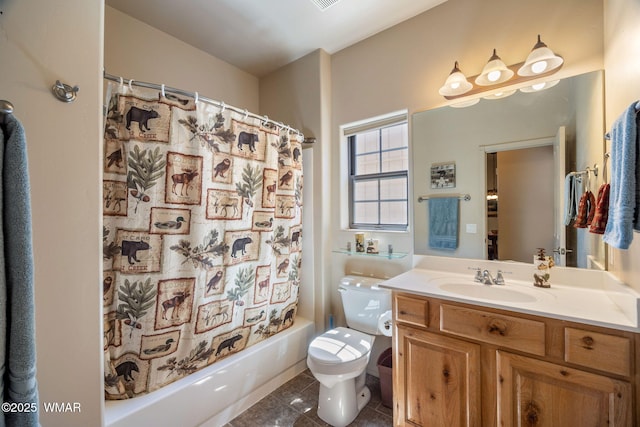 full bathroom with tile patterned flooring, shower / tub combo, vanity, and toilet