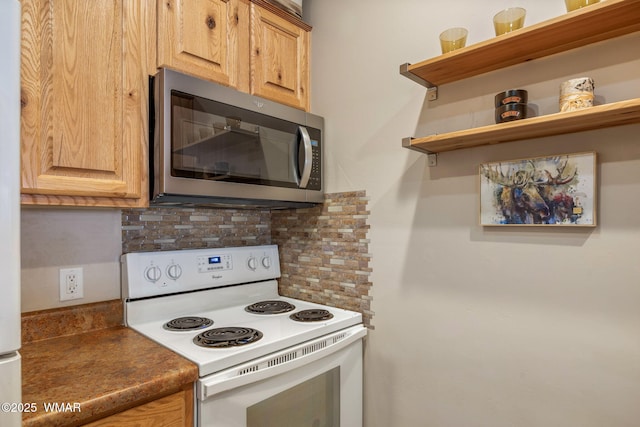 kitchen with open shelves, stainless steel microwave, backsplash, and white electric stove