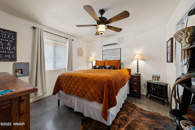 3036 W Plum Blossom Ln, Snowflake, AZ 85937 - bedroom featuring a wall unit AC, concrete floors, and ceiling fan