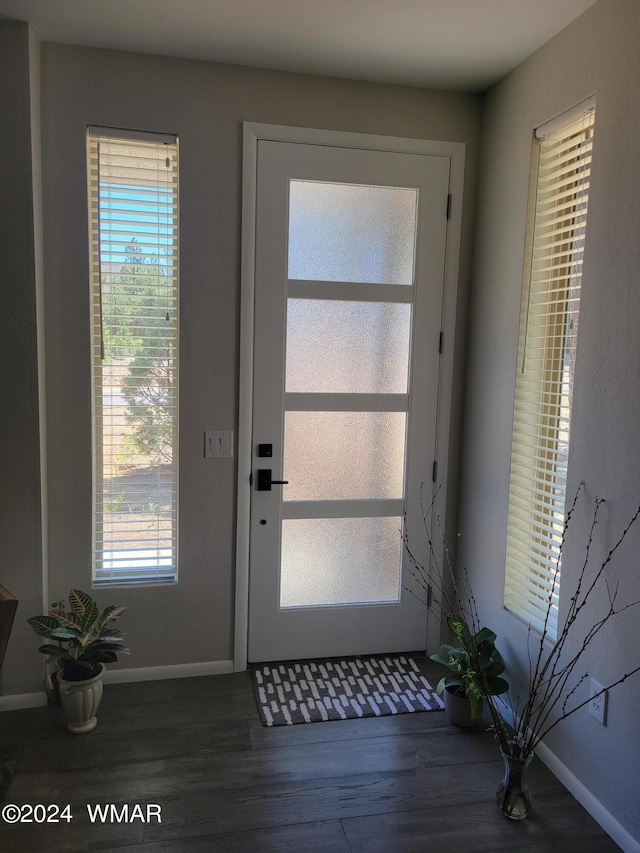 foyer featuring wood finished floors and baseboards