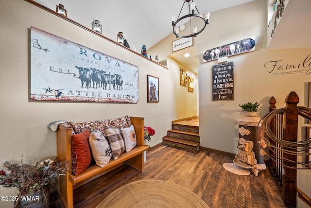 6711 Bandido Way, Show Low, AZ 85901 - sitting room featuring wood finished floors, vaulted ceiling, stairs, and a chandelier