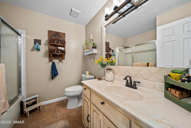 6711 Bandido Way, Show Low, AZ 85901 - full bathroom with vanity, backsplash, a textured ceiling, and combined bath / shower with glass door