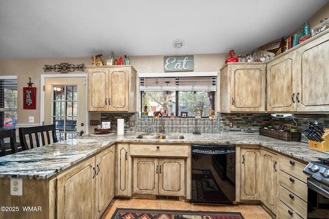 6711 Bandido Way, Show Low, AZ 85901 - kitchen featuring dishwasher, tasteful backsplash, light stone countertops, stainless steel range oven, and a peninsula
