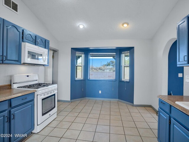 kitchen with blue cabinets, white appliances, and visible vents