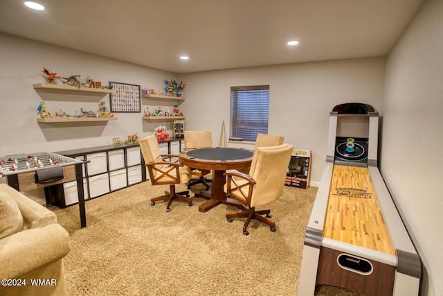 recreation room with recessed lighting and carpet flooring