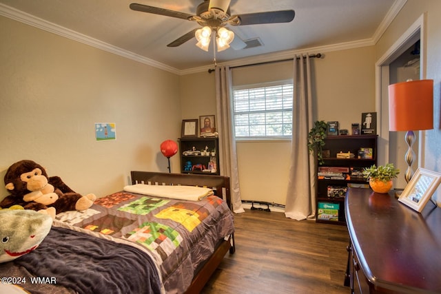 bedroom featuring ornamental molding, visible vents, dark wood-type flooring, and a ceiling fan