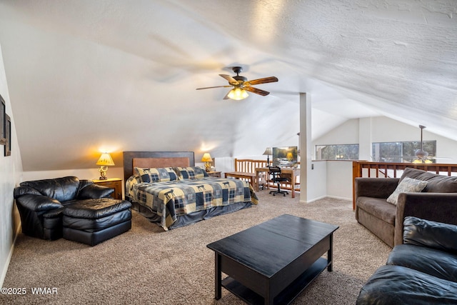 carpeted bedroom featuring vaulted ceiling and a textured ceiling