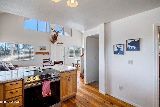 kitchen featuring a wealth of natural light, stainless steel range with electric cooktop, light wood-style flooring, and light stone countertops