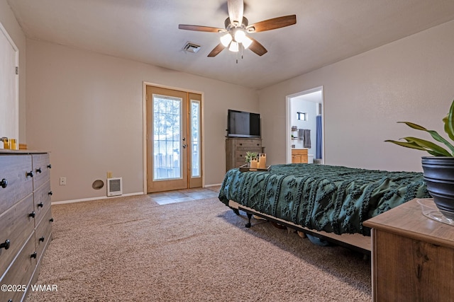 carpeted bedroom with access to exterior, baseboards, and ceiling fan