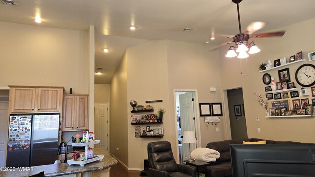 1050 E Jefferson St, Snowflake, AZ 85937 - living area with a ceiling fan, a high ceiling, and dark wood-type flooring