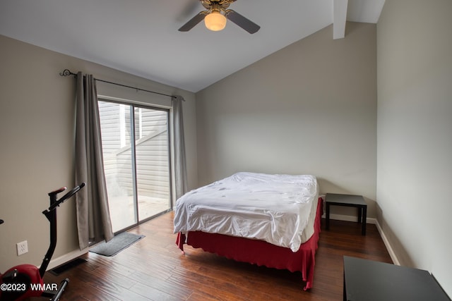 bedroom with baseboards, a ceiling fan, wood finished floors, and vaulted ceiling with beams