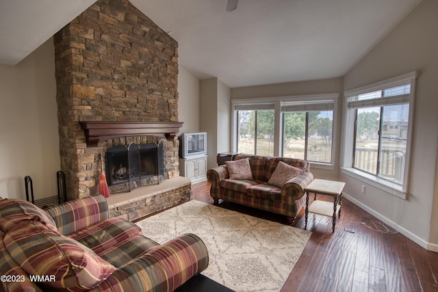 living room with a fireplace, wood-type flooring, baseboards, and vaulted ceiling