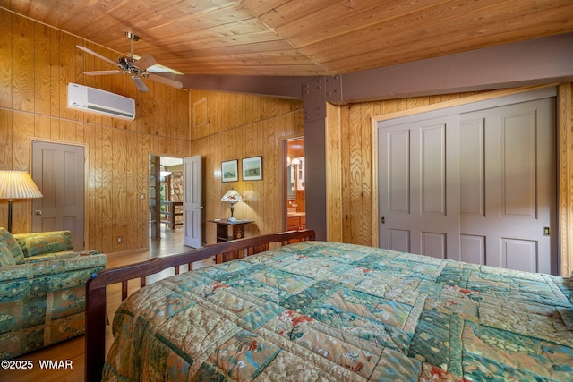 38684 State Route 373, Greer, AZ 85927 - bedroom featuring wooden ceiling, a wall unit AC, wood finished floors, and wooden walls