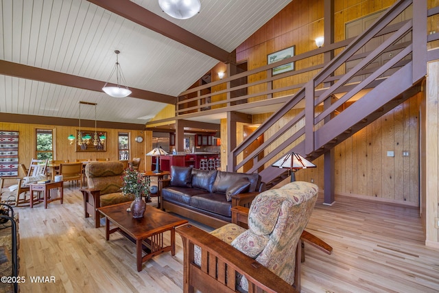 38684 State Route 373, Greer, AZ 85927 - living room with wooden walls, stairs, wood finished floors, beamed ceiling, and high vaulted ceiling