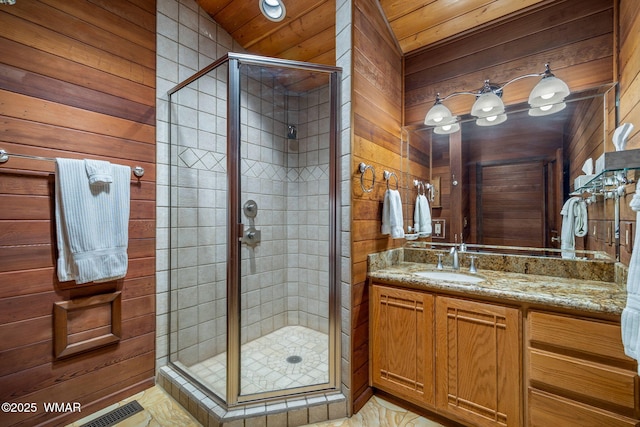 38684 State Route 373, Greer, AZ 85927 - full bathroom with wood walls, a stall shower, vanity, and wood ceiling