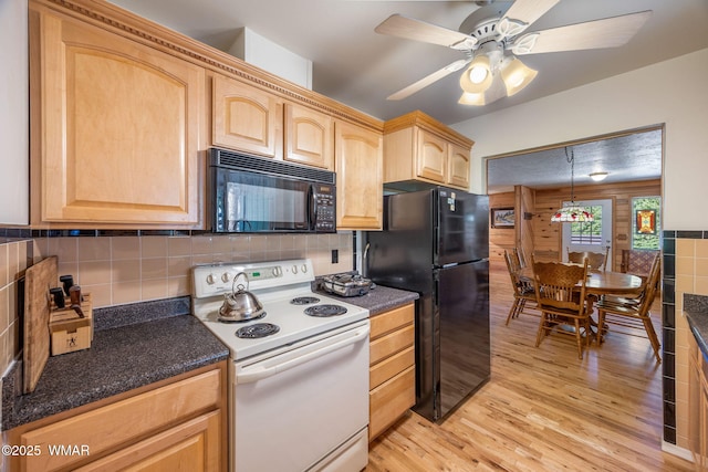 38684 State Route 373, Greer, AZ 85927 - kitchen with black appliances, light brown cabinets, light wood-type flooring, a ceiling fan, and tasteful backsplash