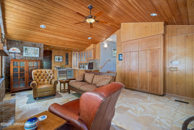 38684 State Route 373, Greer, AZ 85927 - living area with wood ceiling, vaulted ceiling, wooden walls, a ceiling fan, and wine cooler