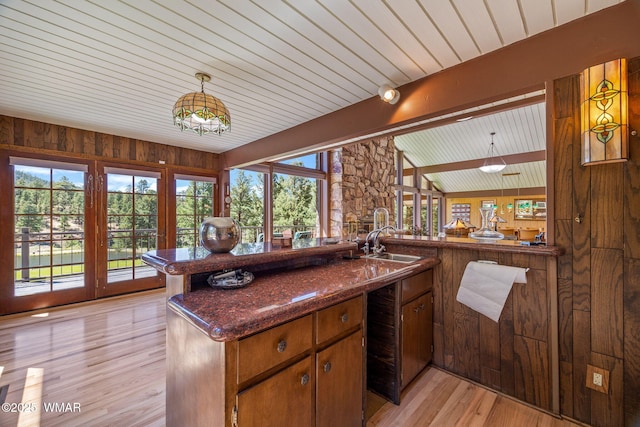 38684 State Route 373, Greer, AZ 85927 - kitchen featuring wine cooler, light wood-style flooring, wood ceiling, lofted ceiling, and pendant lighting