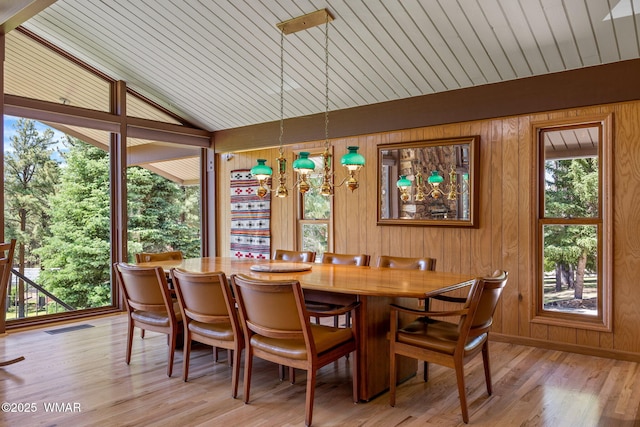 38684 State Route 373, Greer, AZ 85927 - dining room with lofted ceiling, wooden walls, wood finished floors, a chandelier, and wood ceiling