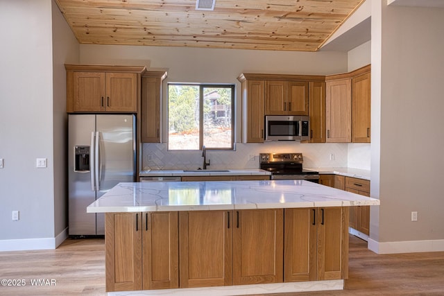4696 W Tatanka Loop, Show Low, AZ 85901 - kitchen with appliances with stainless steel finishes, a sink, wooden ceiling, baseboards, and decorative backsplash
