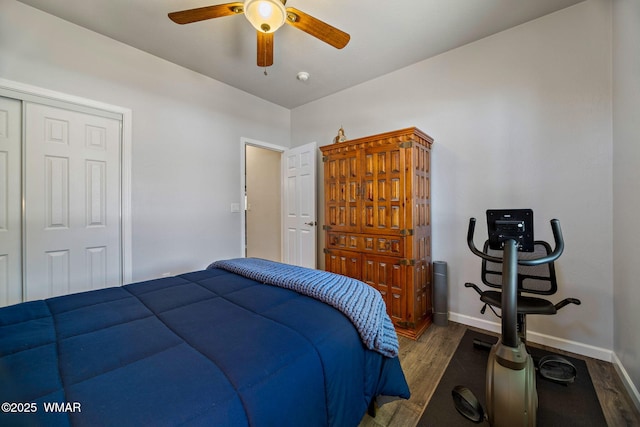721 S Reynolds Ln, Show Low, AZ 85901 - bedroom featuring wood finished floors, a ceiling fan, and a closet