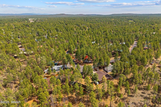 aerial view of a heavily wooded area and a mountain backdrop