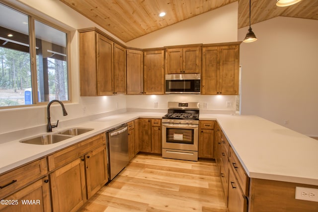 3360 W Mariposa Ln, Show Low, AZ 85901 - kitchen featuring appliances with stainless steel finishes, wooden ceiling, vaulted ceiling, light wood-style flooring, and brown cabinetry