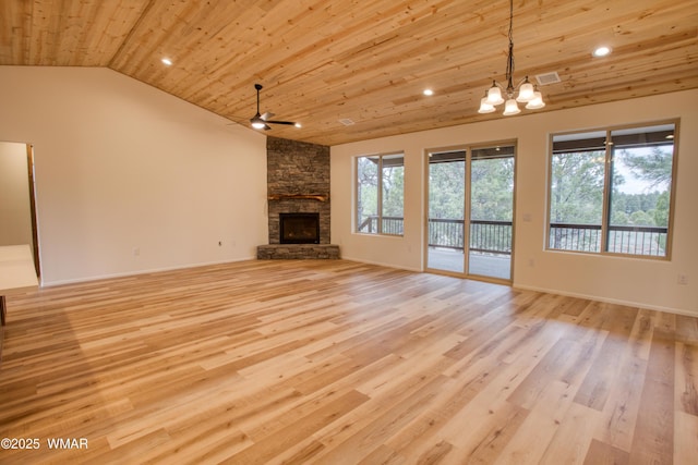 3360 W Mariposa Ln, Show Low, AZ 85901 - unfurnished living room featuring wooden ceiling, a chandelier, ceiling fan, light wood finished floors, and lofted ceiling