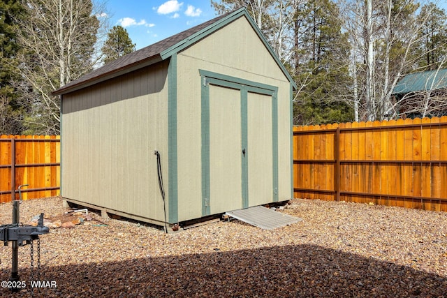 view of shed with a fenced backyard