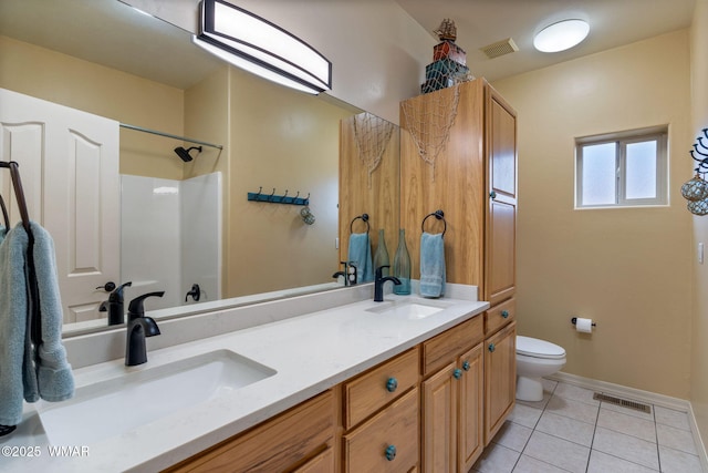 bathroom featuring tile patterned floors, toilet, visible vents, and a sink