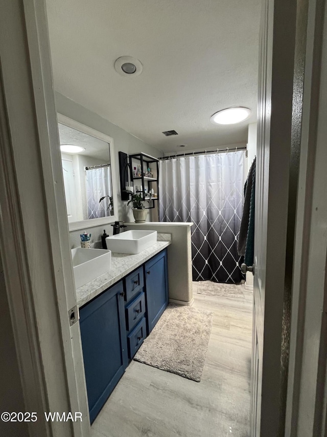 8515 Pueblo Ln, Snowflake, AZ 85937 - full bathroom featuring wood finished floors, double vanity, and curtained shower