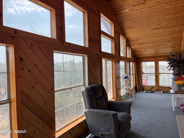 8515 Pueblo Ln, Snowflake, AZ 85937 - living area featuring wood walls, wood ceiling, carpet, and high vaulted ceiling