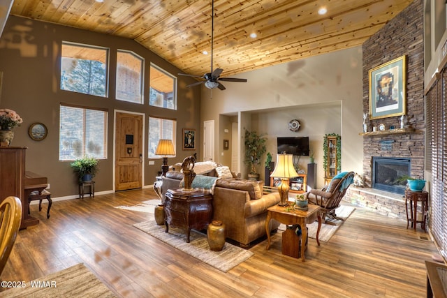 811 S Rockcress Ln, Show Low, AZ 85901 - living room featuring wooden ceiling, a stone fireplace, high vaulted ceiling, a ceiling fan, and hardwood / wood-style floors