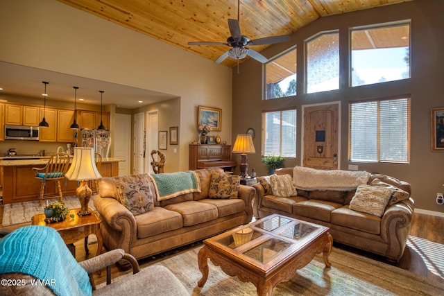 811 S Rockcress Ln, Show Low, AZ 85901 - living area with wood finished floors, high vaulted ceiling, ceiling fan, recessed lighting, and wooden ceiling