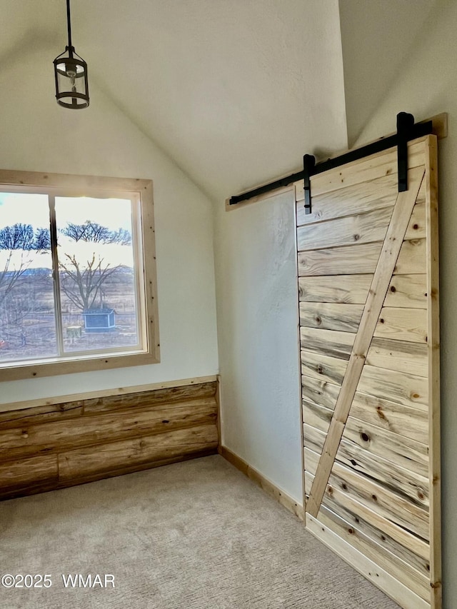446 Becker Lake Rd, Springerville, AZ 85938 - interior space with carpet floors, a barn door, and lofted ceiling