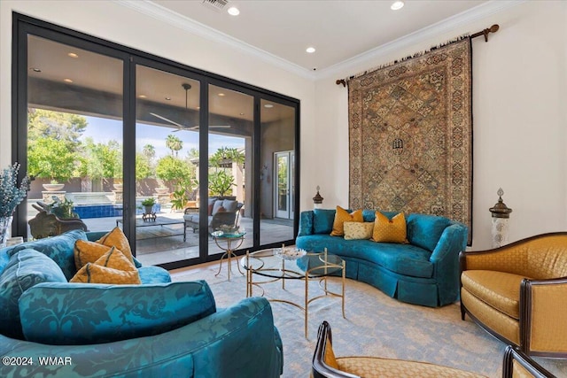 living room with ornamental molding, recessed lighting, and visible vents