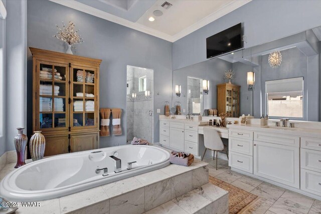 bathroom with visible vents, ornamental molding, marble finish floor, a garden tub, and vanity