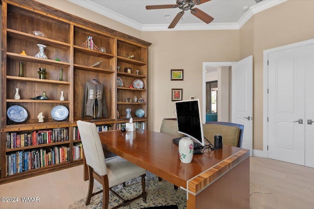 home office with a ceiling fan, light wood-style flooring, and crown molding