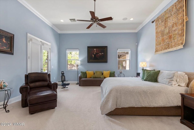 bedroom with baseboards, visible vents, carpet, crown molding, and recessed lighting