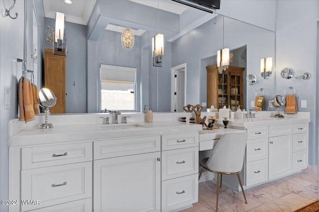 bathroom featuring marble finish floor, a towering ceiling, vanity, and crown molding