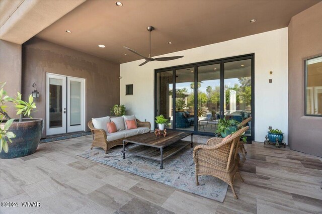 view of patio with french doors, ceiling fan, and an outdoor hangout area